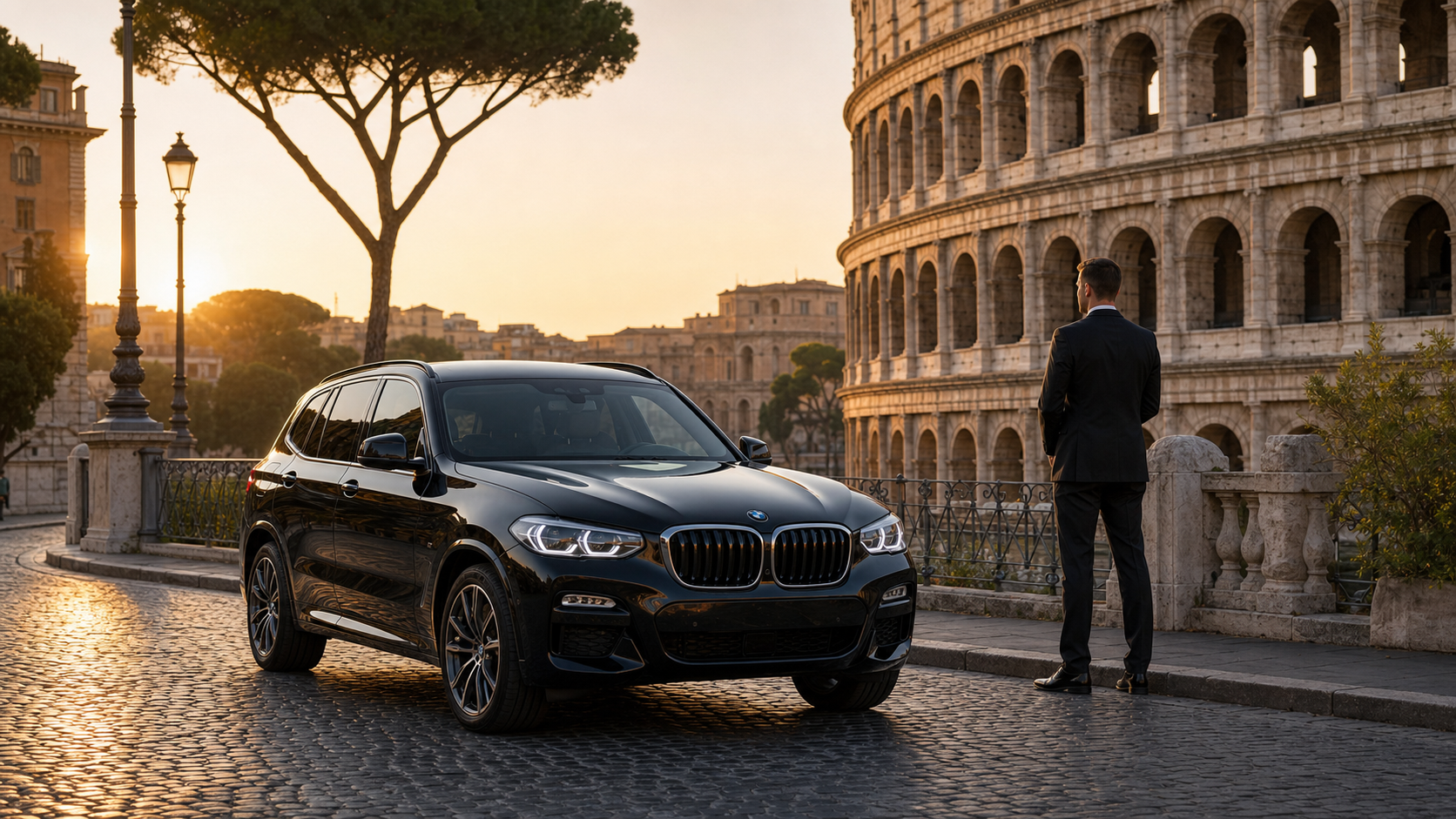 Black BMW X3 SUV with chauffeur near the Colosseum in Rome