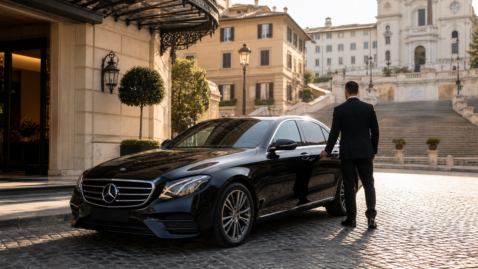 Black Mercedes E-Class sedan with chauffeur in Rome