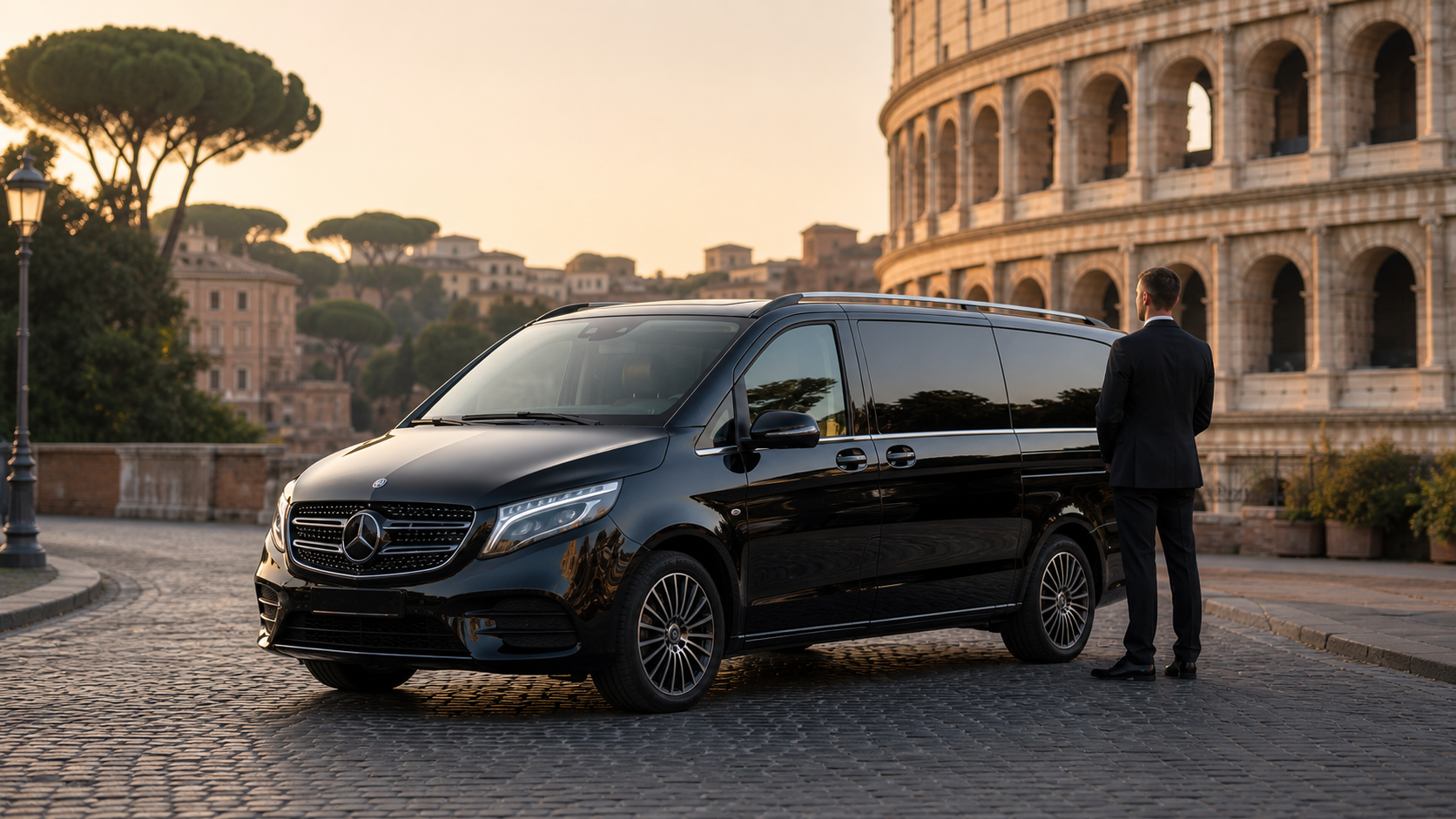 Black Mercedes V-Class luxury van with chauffeur near Roman landmarks